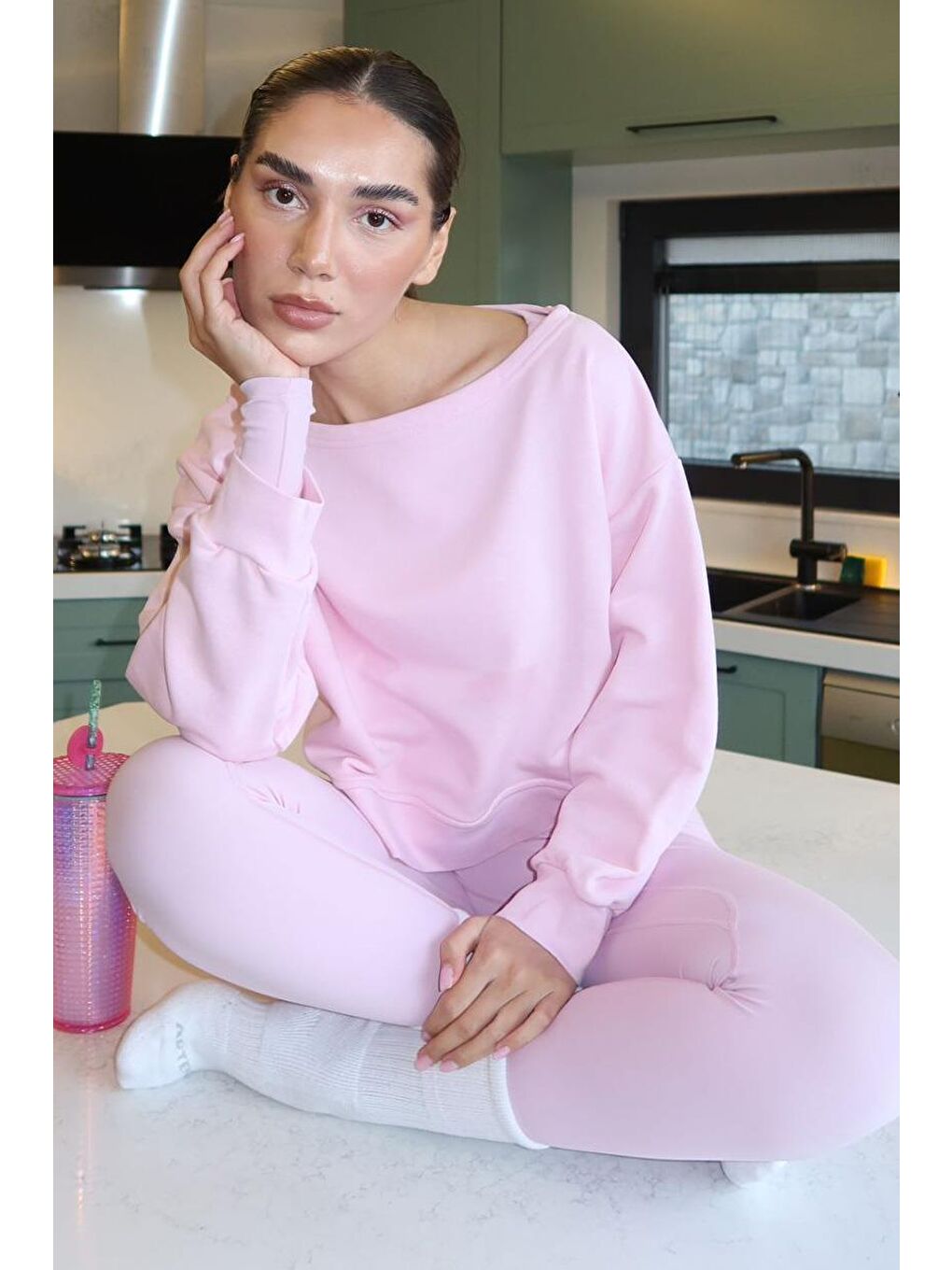 Pembe Kayık Yaka Kadın Sweatshirt Mg2208-3