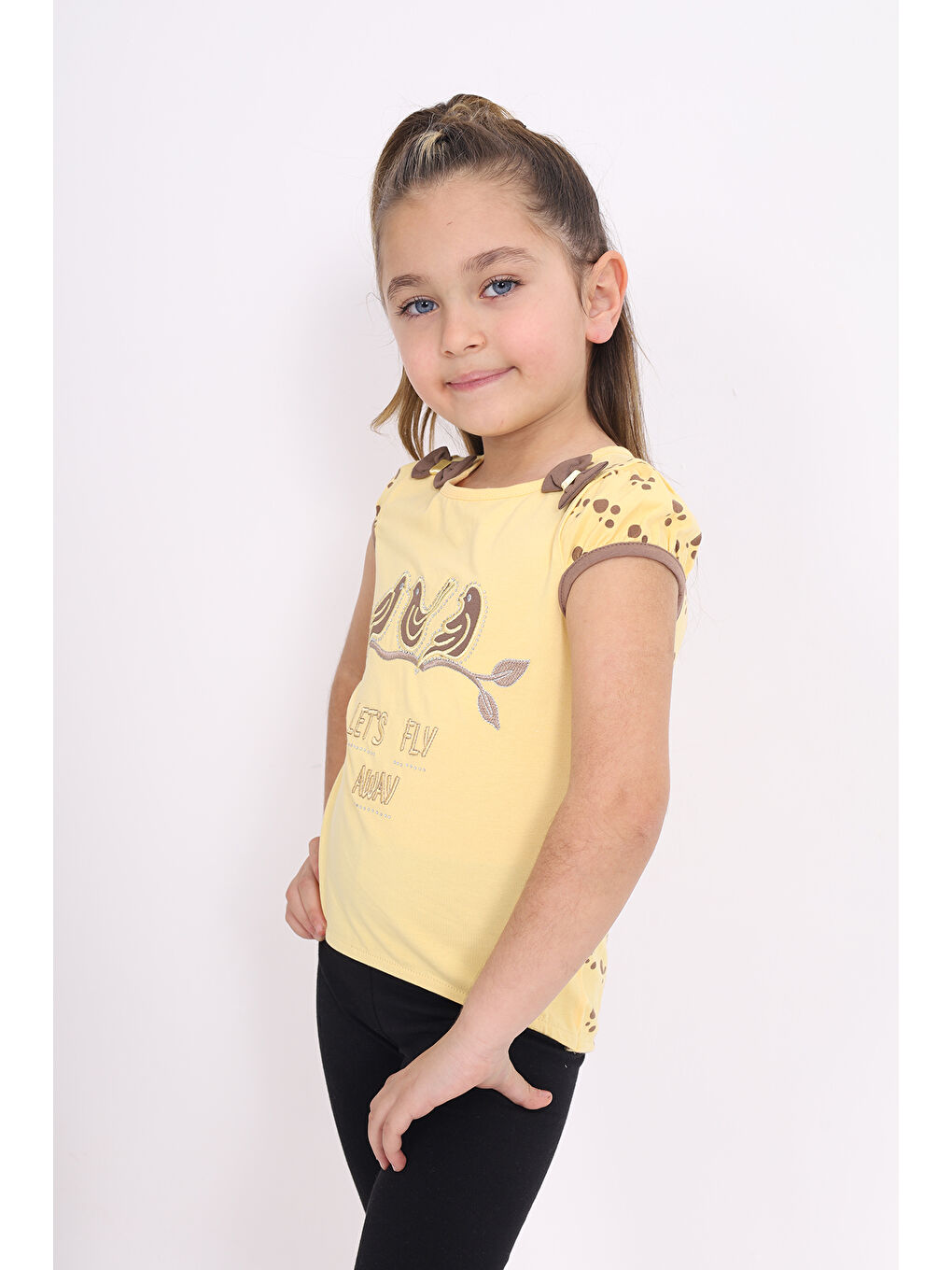 Sarı Kız Çocuk Nakış Detaylı Tişört-1
