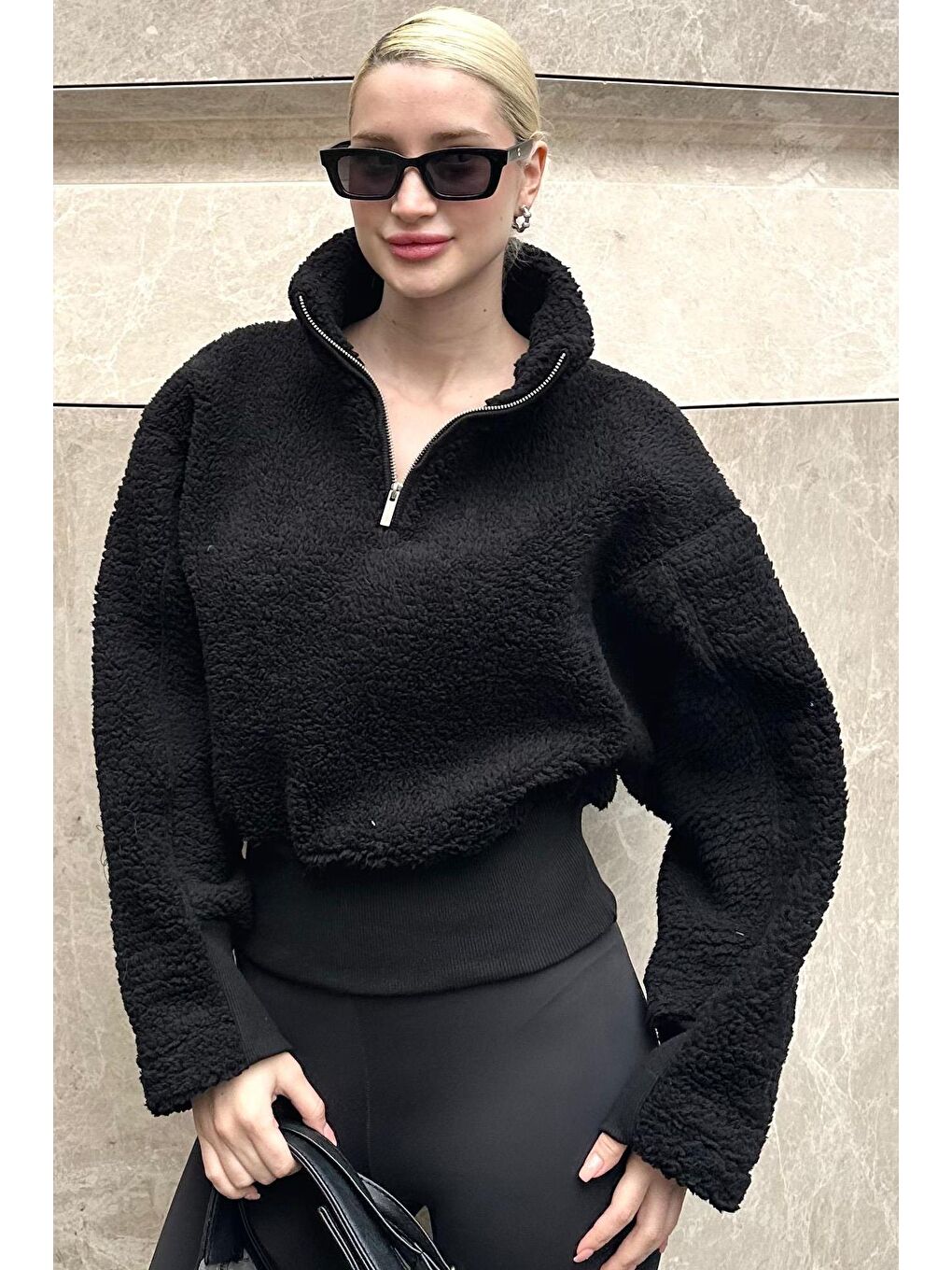 Siyah Fermuar Yaka Kürklü Kadın Sweatshirt Mg2261-1