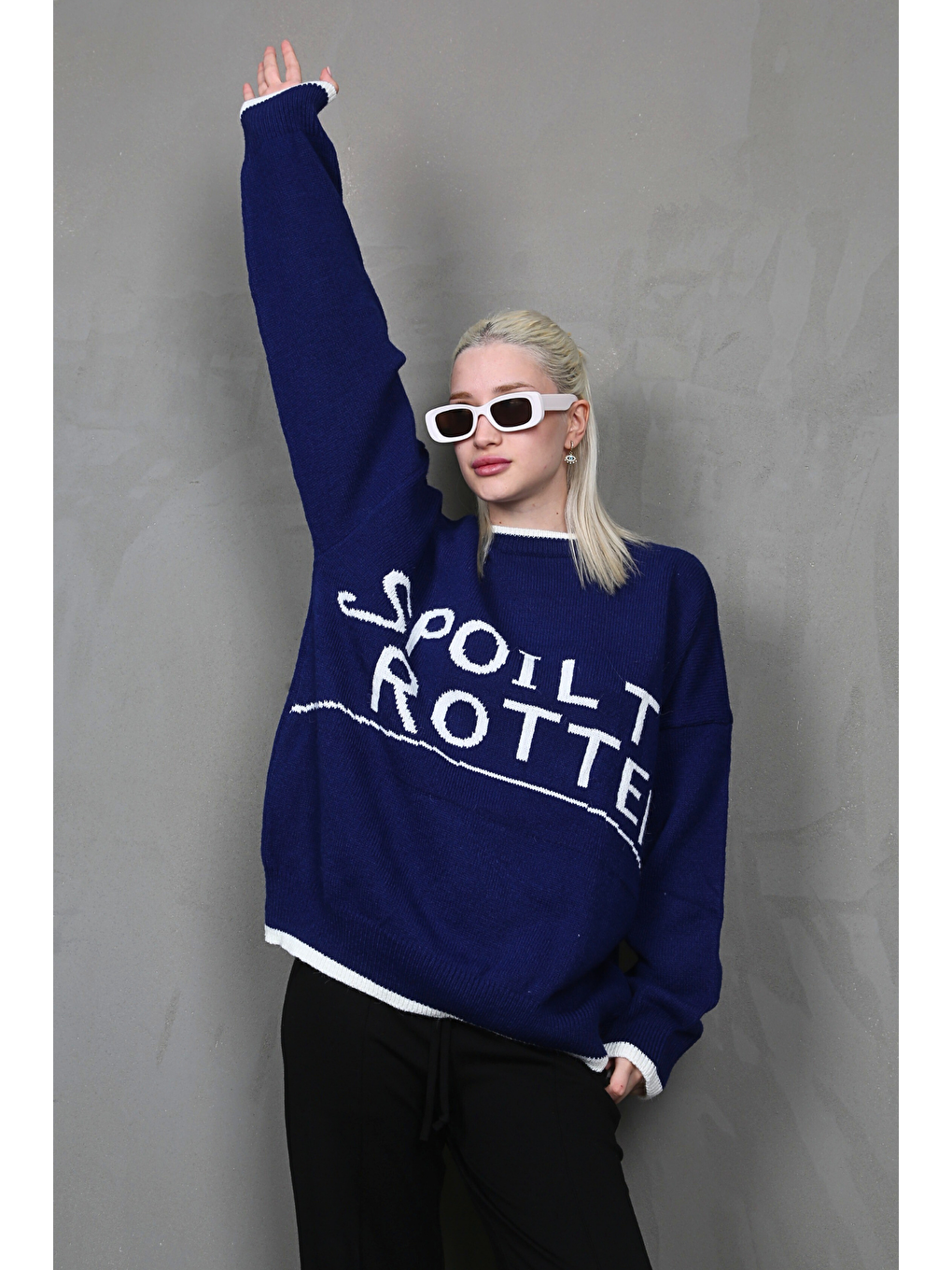 Mavi Saks Yazılı Oversize Bisiklet Yaka Kadın Kazak-2