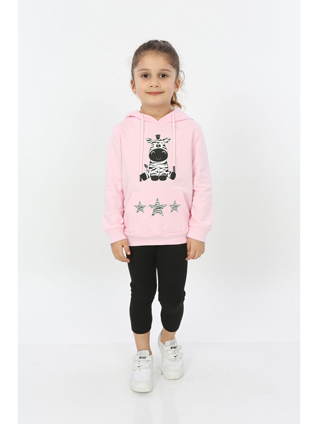 Pembe Kız Çocuk Yıldızlı Zebra Baskılı Kapüşonlu Sweatshirt-5
