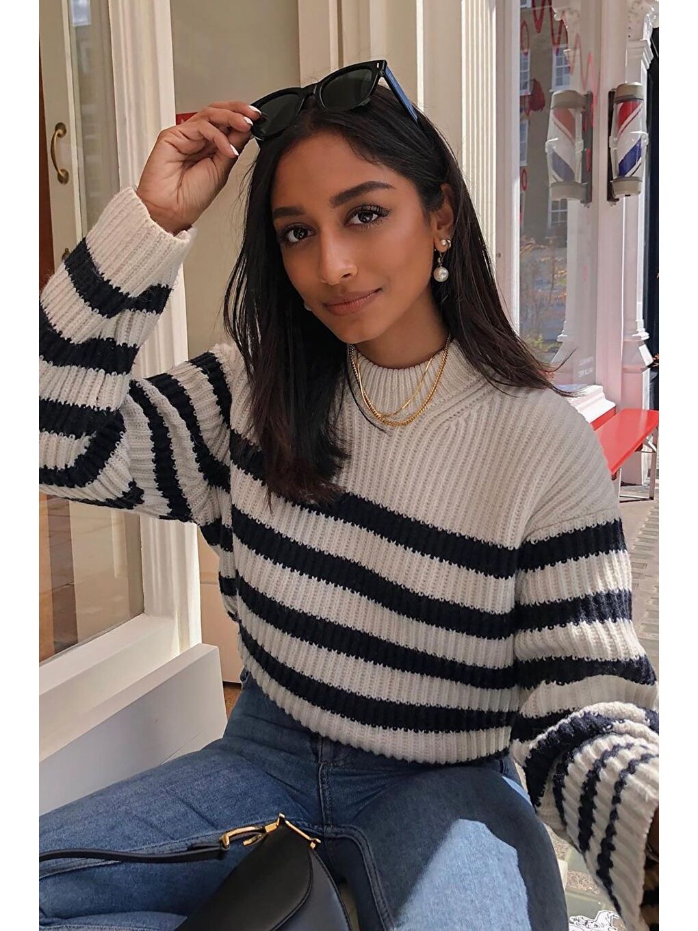 Siyah Çizgili Kadın Kazak Mg1298-2