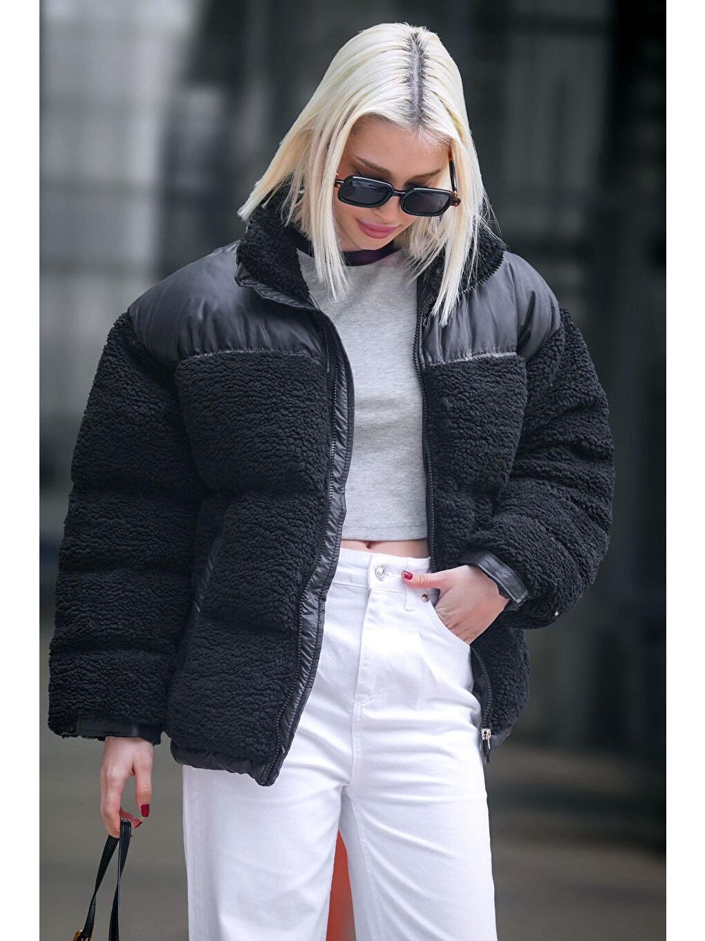 Siyah Peluş Oversize Mont Mg1371