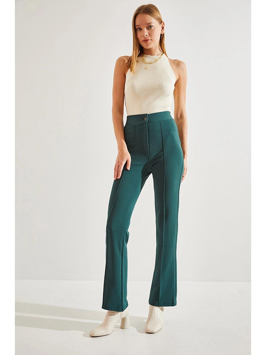 Haki Kadın Çimalı Palazzo Scuba Kumaş Pantolon