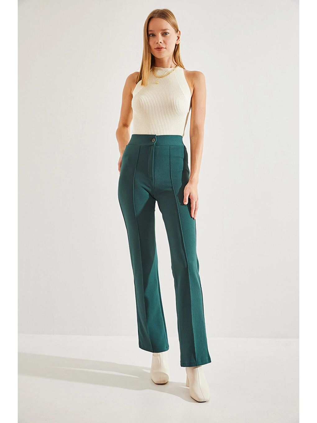 Haki Kadın Çimalı Palazzo Scuba Kumaş Pantolon-1