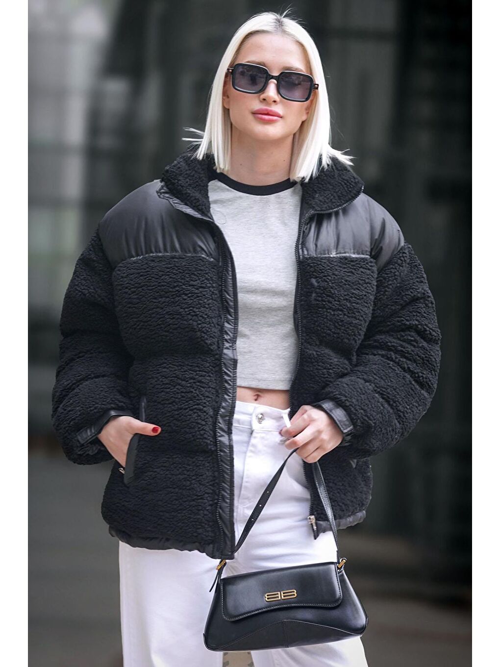 Siyah Peluş Oversize Mont Mg1371-2