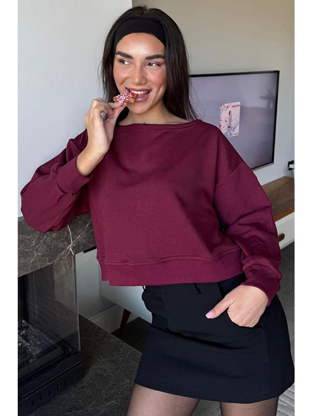Bordo Kayık Yaka Kadın Sweatshirt Mg2208