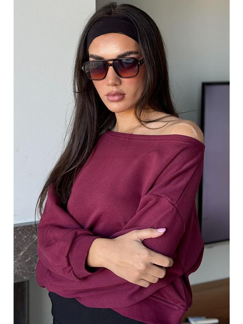 Bordo Kayık Yaka Kadın Sweatshirt Mg2208-1