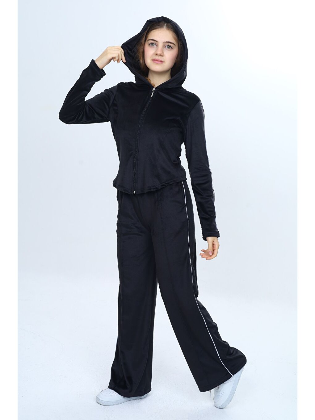 Siyah Kız Çocuk 2'li Takım Fermuarlı Kapüşonlu Cepli Sweatshirt & Beli Lastikli Bol Paça Cepli Eşofman Alt-4