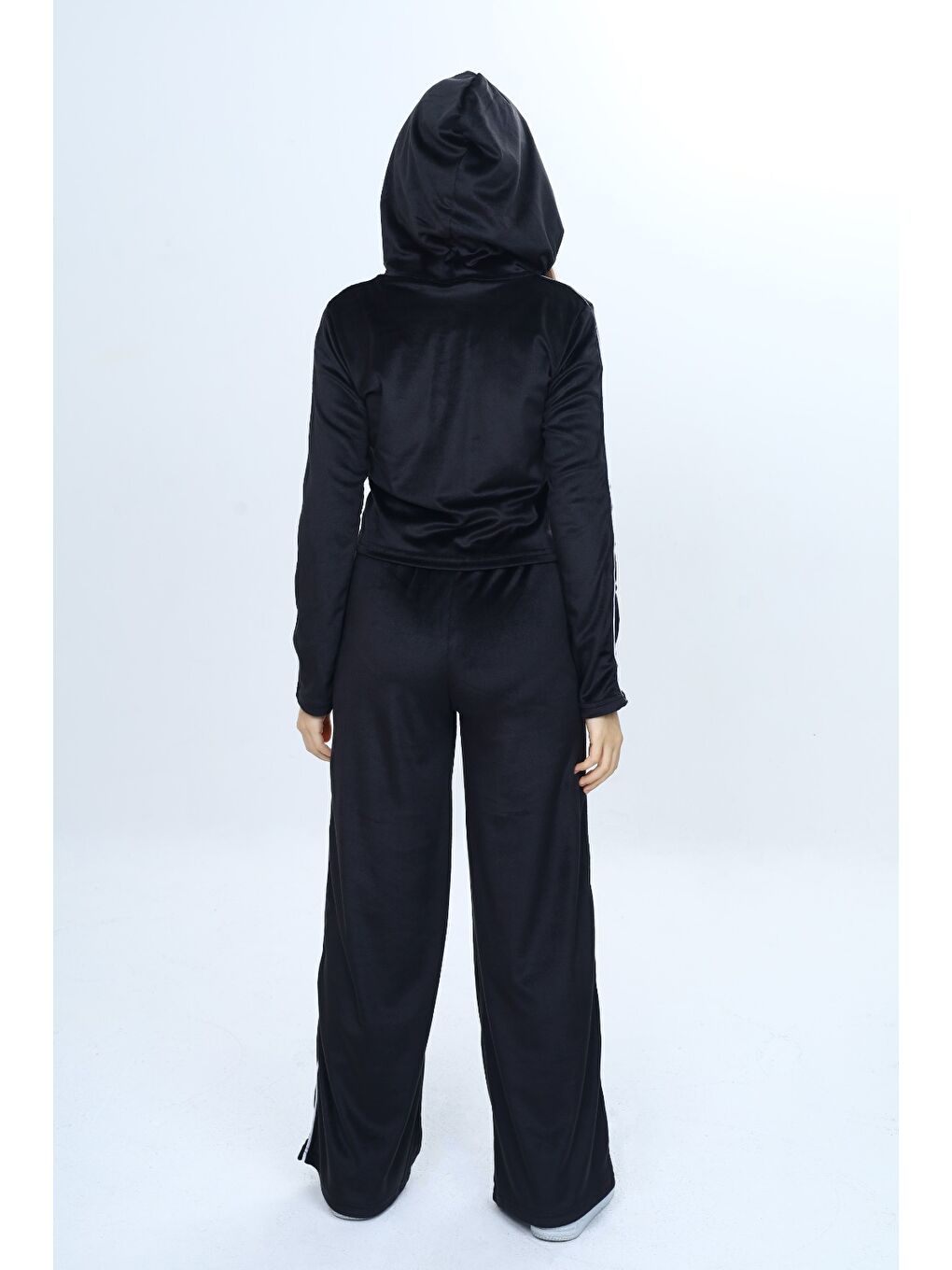 Siyah Kız Çocuk 2'li Takım Fermuarlı Kapüşonlu Cepli Sweatshirt & Beli Lastikli Bol Paça Cepli Eşofman Alt-5