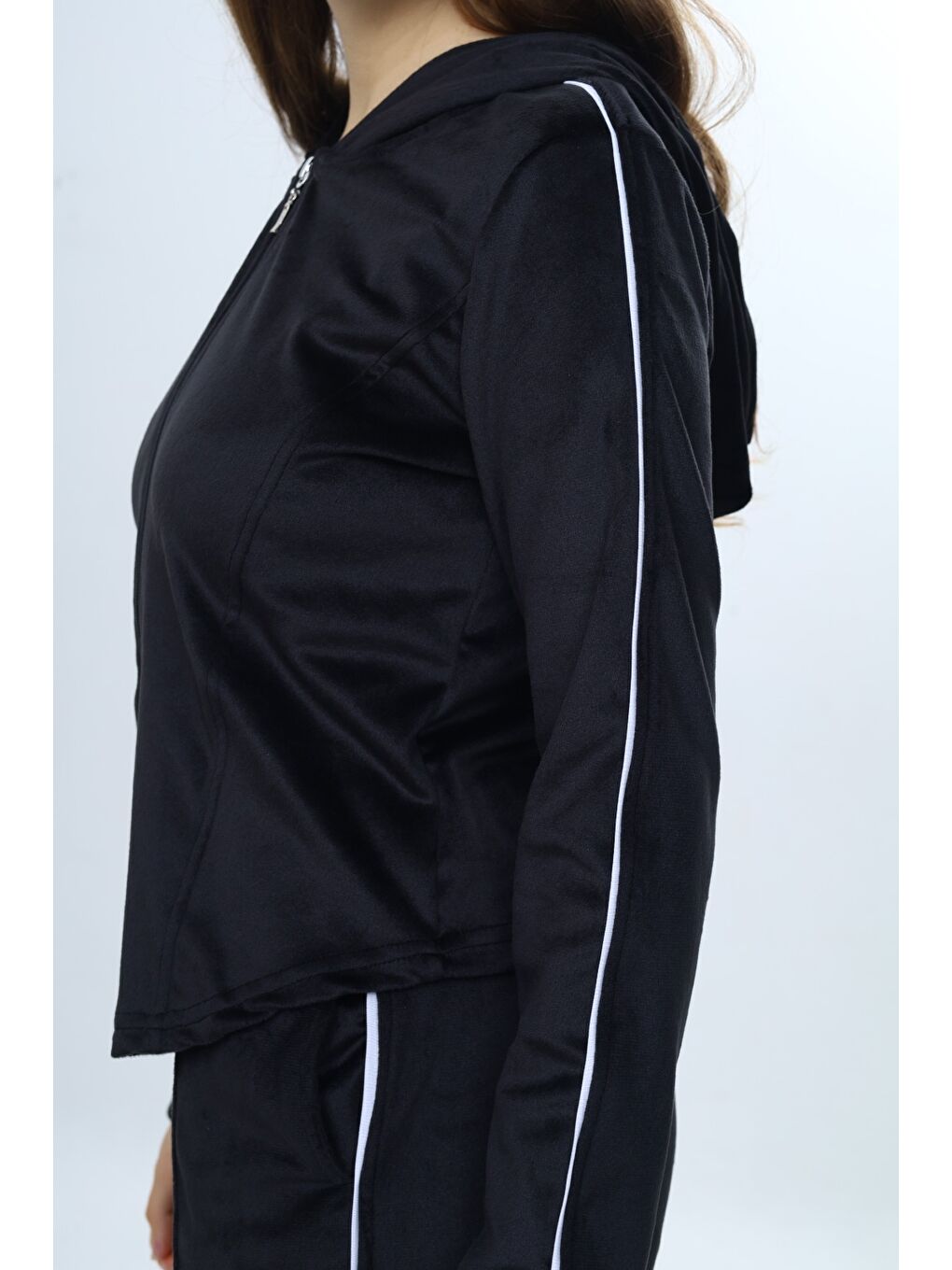 Siyah Kız Çocuk 2'li Takım Fermuarlı Kapüşonlu Cepli Sweatshirt & Beli Lastikli Bol Paça Cepli Eşofman Alt-6