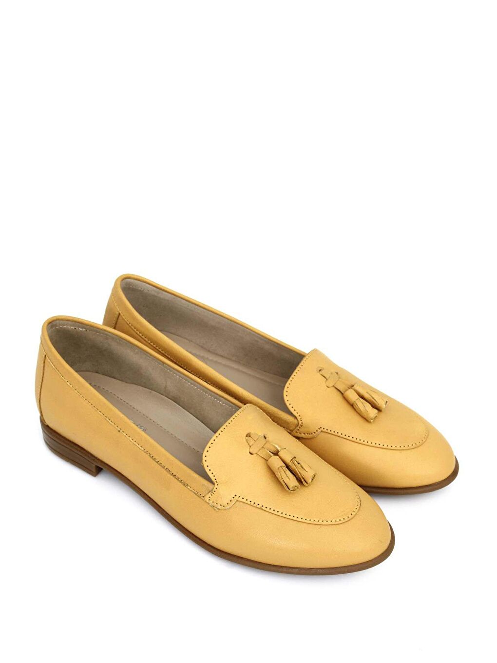 Sarı Hakiki Deri Yuvarlak Burun Düz Taban Püsküllü Kadın Babet 24259-4