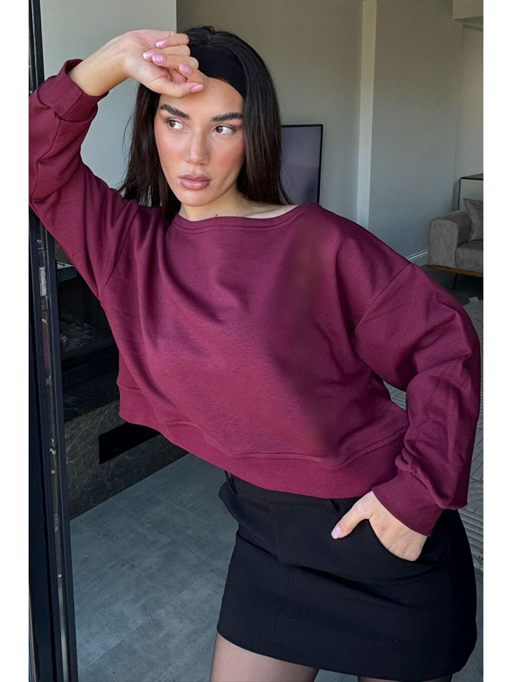 Bordo Kayık Yaka Kadın Sweatshirt Mg2208-5