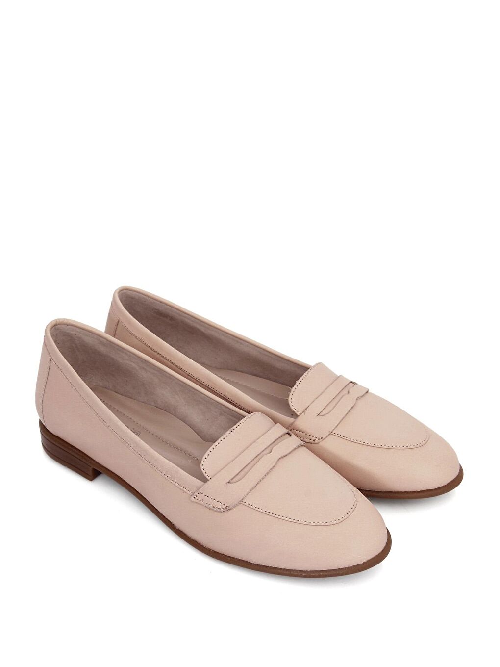 Bej Hakiki Deri Yuvarlak Burun Düz Taban Loafer Kadın Babet 24161-1