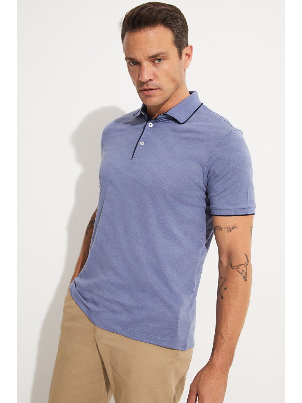 Mavi Polo Yaka Kısa Kollu Erkek Tişört-2