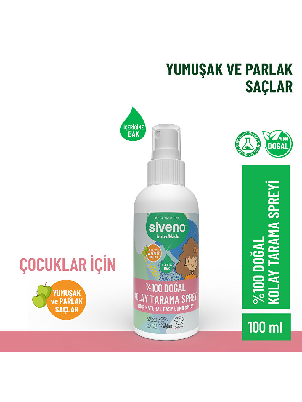 %100 Doğal Kolay Tarama Spreyi Çocuklar İçin Nemlendirici Hindistan Cevizi Yağlı 100 ml