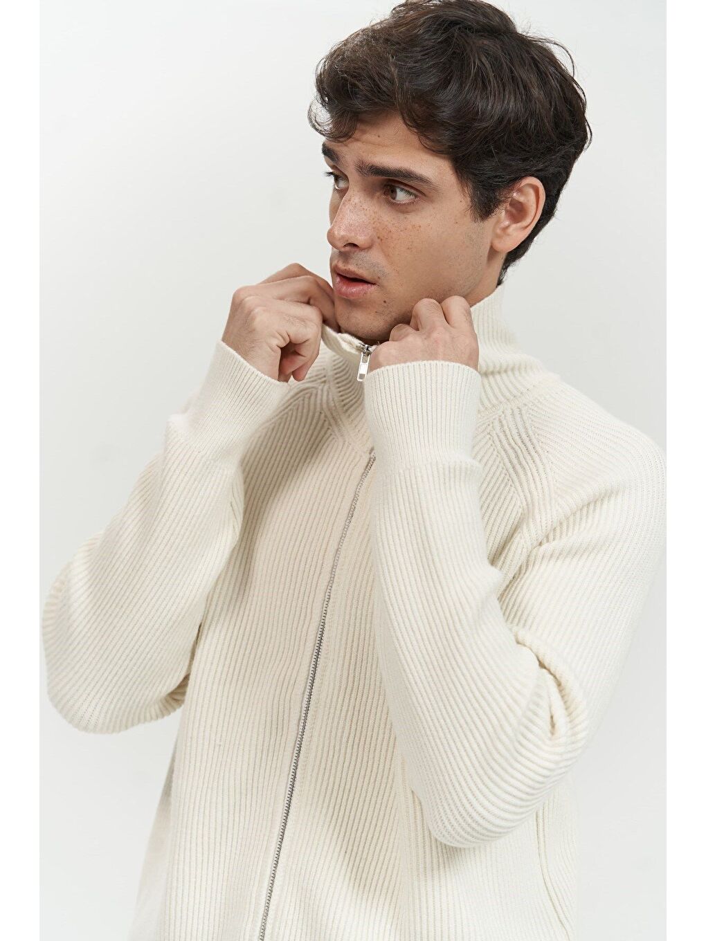 Brock Tam Fermuarlı Ekru Erkek Triko Kazak-5