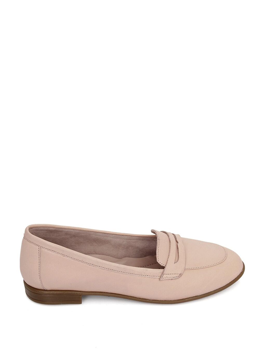 Bej Hakiki Deri Yuvarlak Burun Düz Taban Loafer Kadın Babet 24161-3