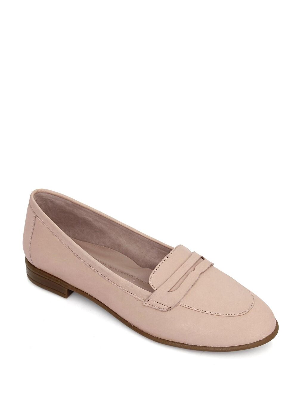 Bej Hakiki Deri Yuvarlak Burun Düz Taban Loafer Kadın Babet 24161-4