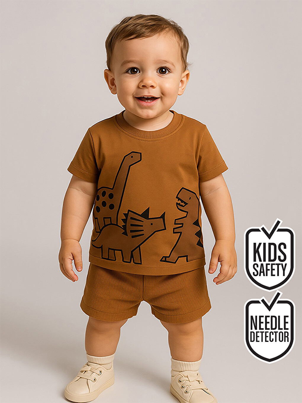 Kahverengi Dinozor Erkek Bebek T-shirt Kaşkorse Şort Takım