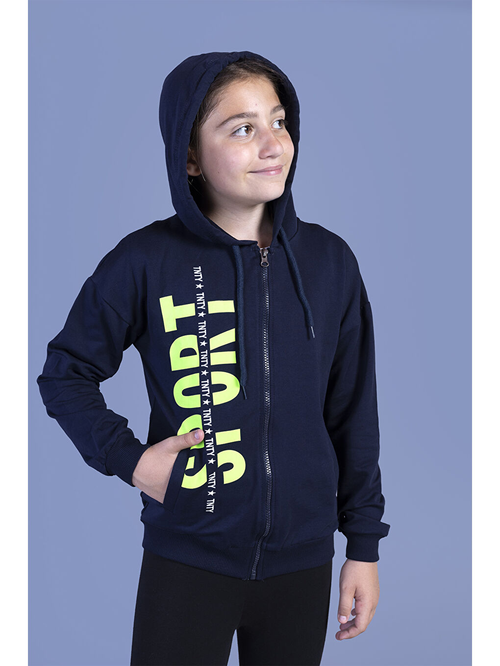 Lacivert Kız Çocuk Kapüşonlu İki Yanı Cep Detaylı Baskılı Fermuarlı Sweatshırt-2