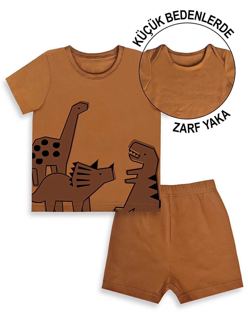 Kahverengi Dinozor Erkek Bebek T-shirt Kaşkorse Şort Takım-1