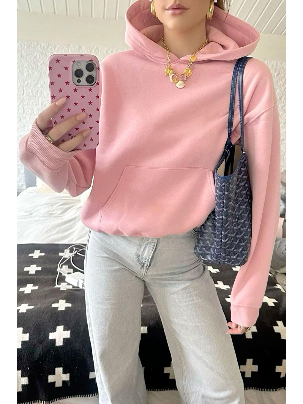 Pembe Kapüşonlu Şardonlu Oversize Cepli Sweatshirt Mg2206-1