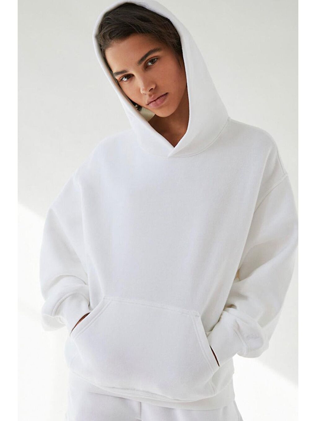 Ekru Kapüşonlu Şardonlu Oversize Cepli Sweatshirt Mg2206-1