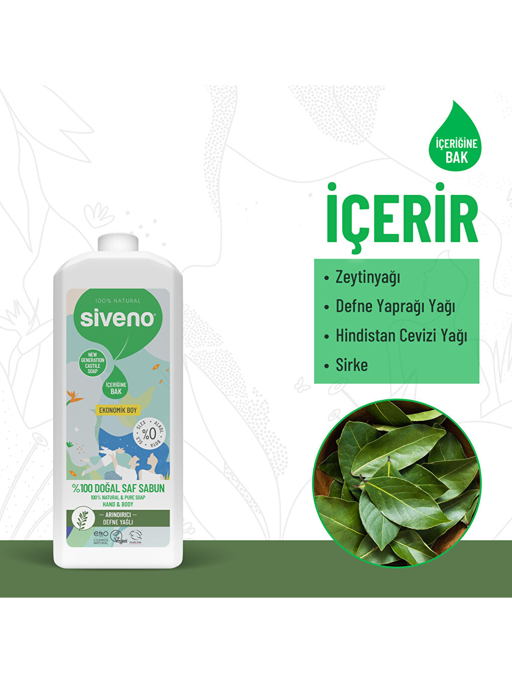 %100 Doğal Sıvı Kastil Sabun Defne Yağlı Yoğun Nemlendirici Arındırıcı Bitkisel Vegan 1000 ml-4