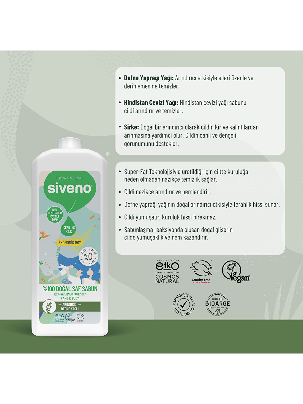 %100 Doğal Sıvı Kastil Sabun Defne Yağlı Yoğun Nemlendirici Arındırıcı Bitkisel Vegan 1000 ml-5