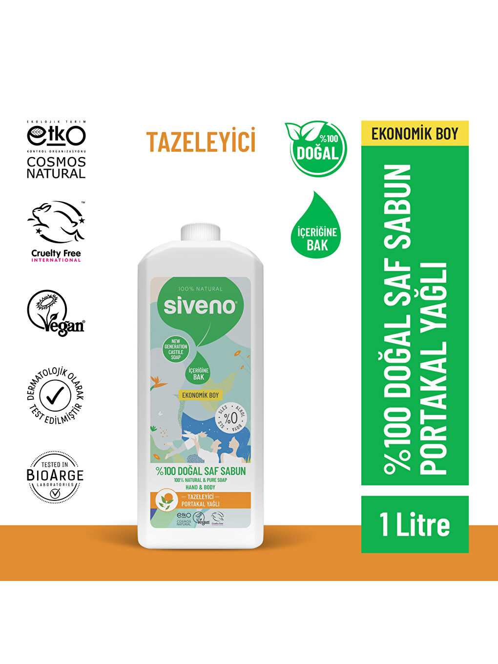 %100 Doğal Sıvı Kastil Sabun Portakal Yağlı Tazeleyici Nemlendirici Bitkisel Vegan 300 ml