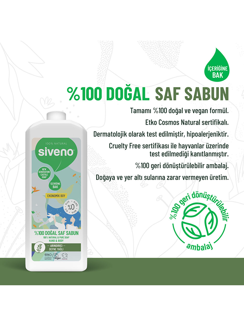 %100 Doğal Sıvı Kastil Sabun Defne Yağlı Yoğun Nemlendirici Arındırıcı Bitkisel Vegan 1000 ml-6