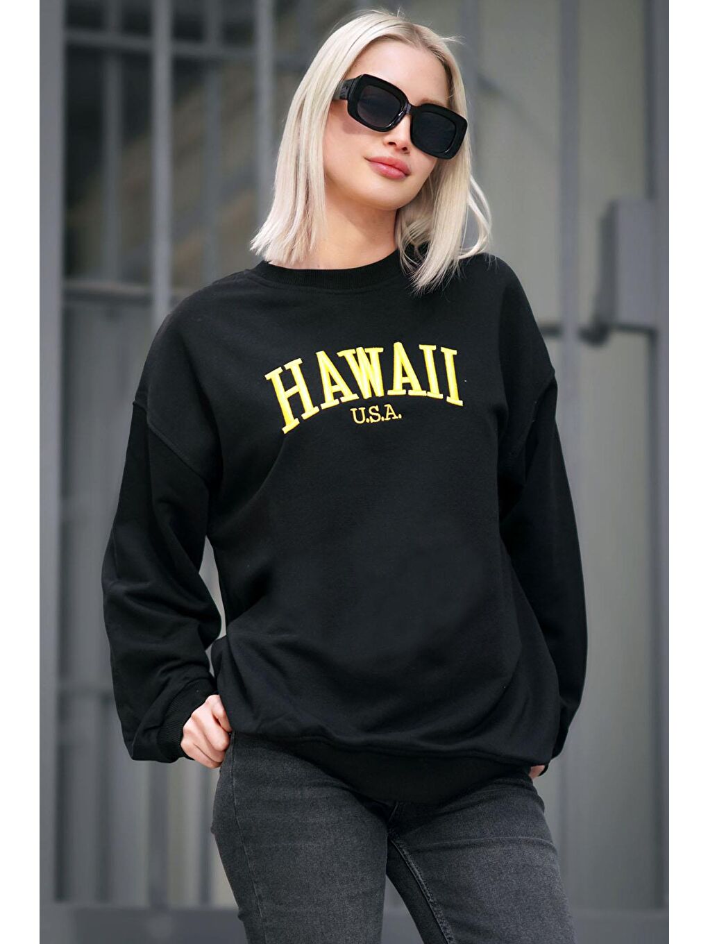 Siyah Bisiklet Yaka Baskılı Sweatshirt Mg1922-1