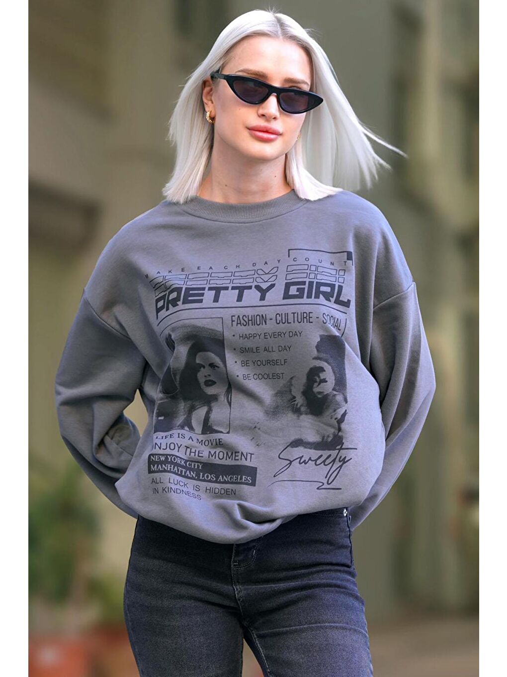 Gri Füme Baskılı Oversize Kadın Sweatshirt Mg1923-1