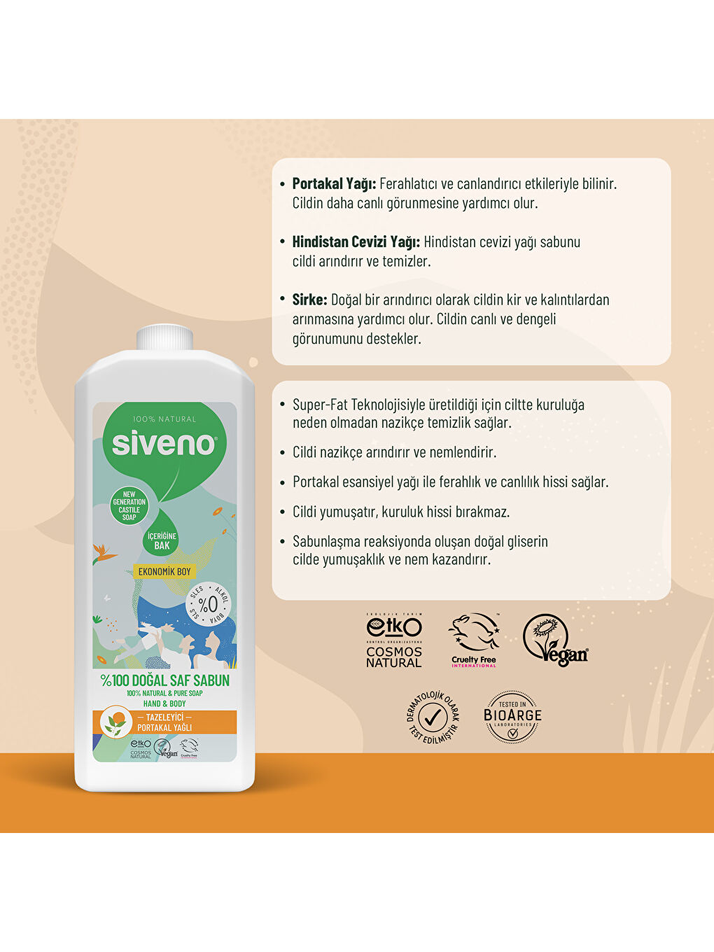 %100 Doğal Sıvı Kastil Sabun Portakal Yağlı Tazeleyici Nemlendirici Bitkisel Vegan 300 ml-6