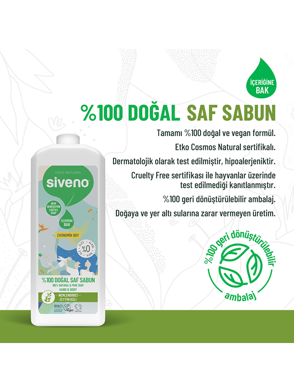 %100 Doğal Sıvı Kastil Sabun Zeytinyağlı Yoğun Nemlendirici Bitkisel Vegan 1000 ml-5