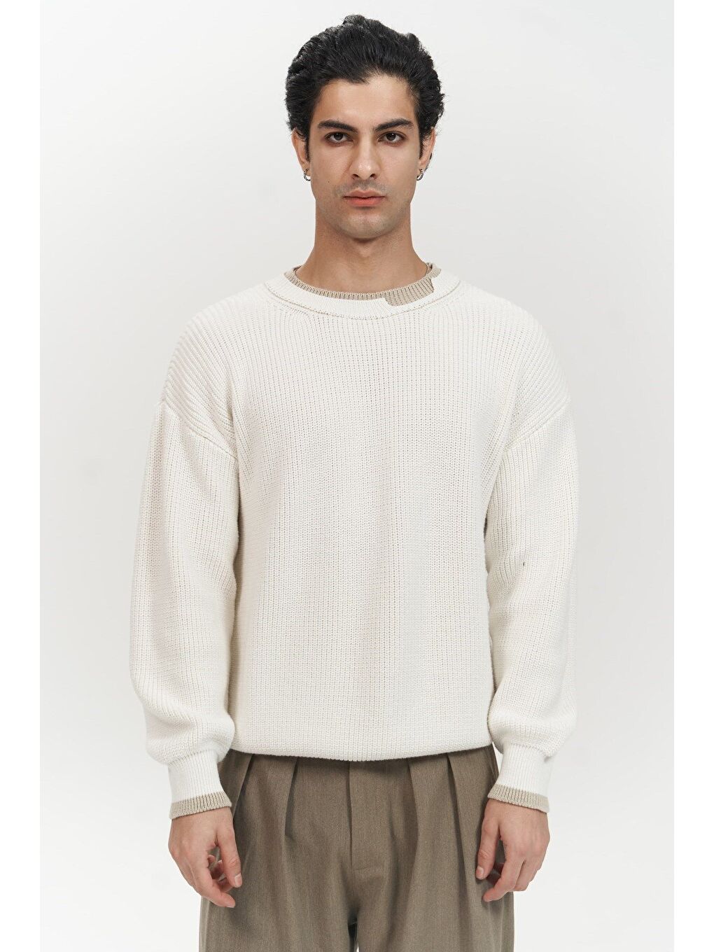 Carter Çift Yaka Detaylı Ekru Erkek Triko Kazak