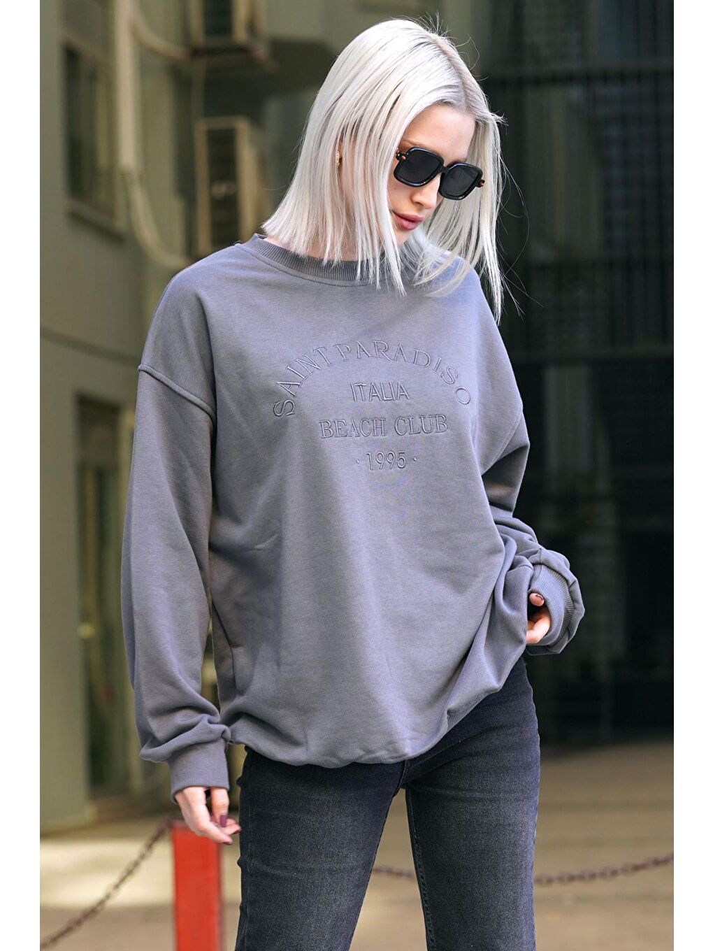 Gri Füme Bisiklet Yaka Baskılı Sweatshirt Mg1924-1