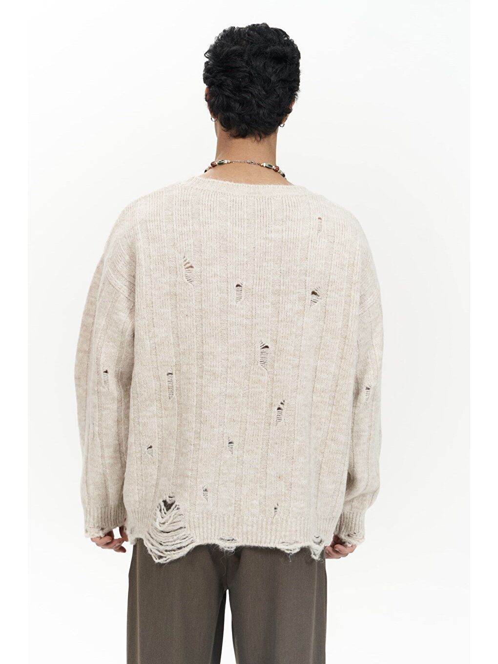 Vincent Yırtık Detay Bej Erkek Triko Kazak-3