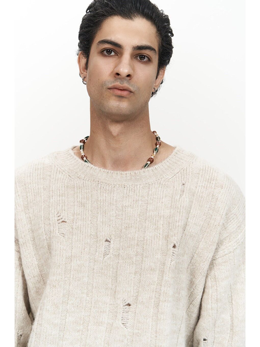 Vincent Yırtık Detay Bej Erkek Triko Kazak-5