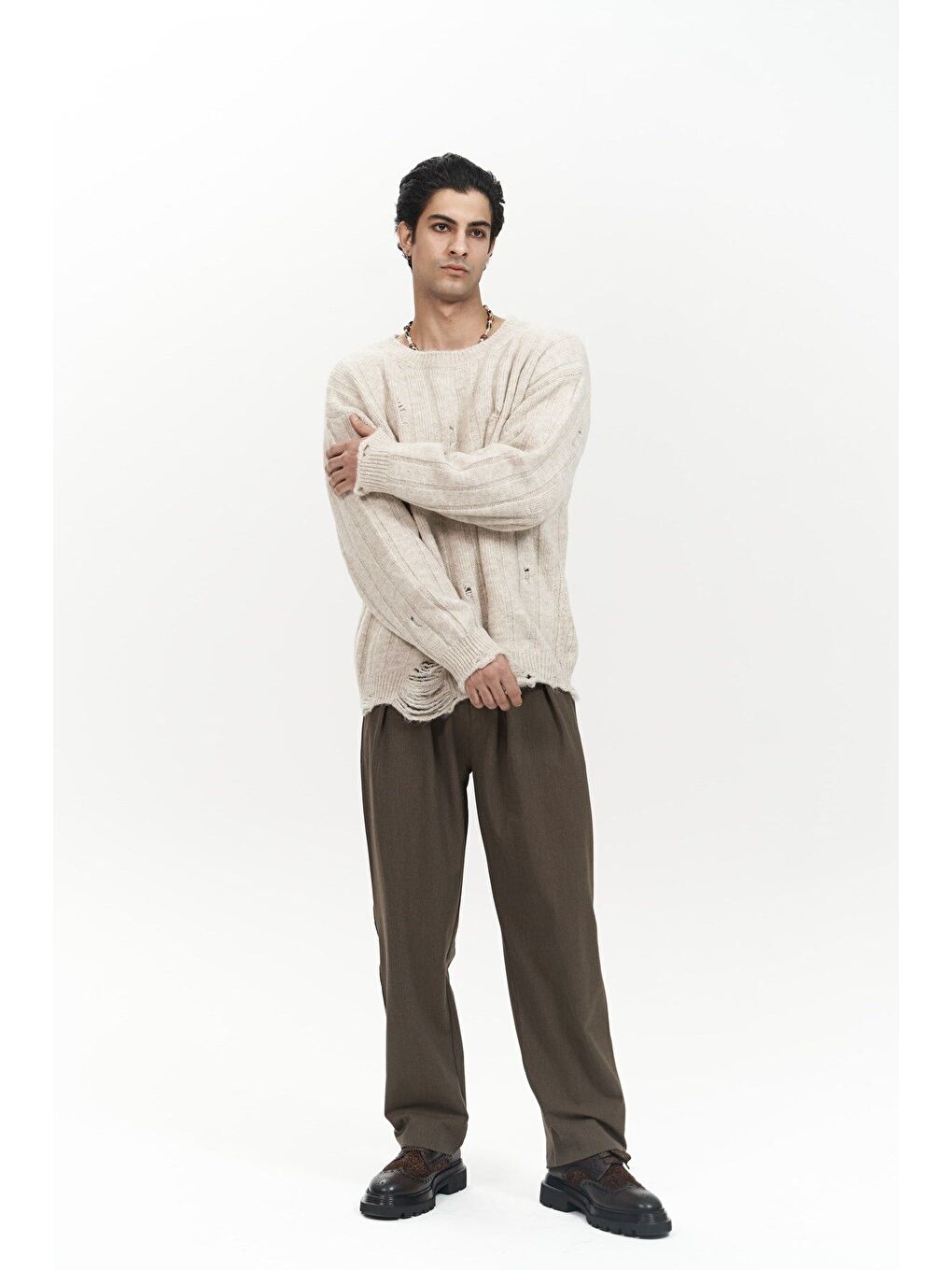 Vincent Yırtık Detay Bej Erkek Triko Kazak-6