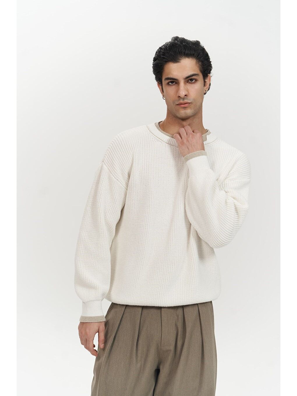 Carter Çift Yaka Detaylı Ekru Erkek Triko Kazak-5