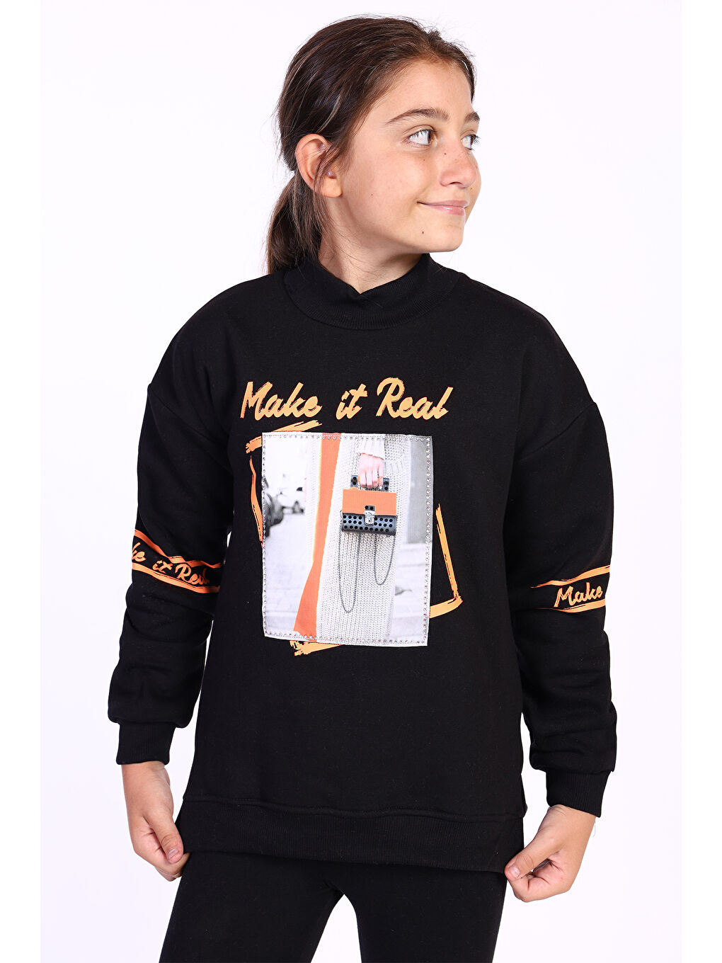 Siyah Kız Çocuk Baskılı Taş İşlemeli Balıkçı Yaka Sweatshirt-2