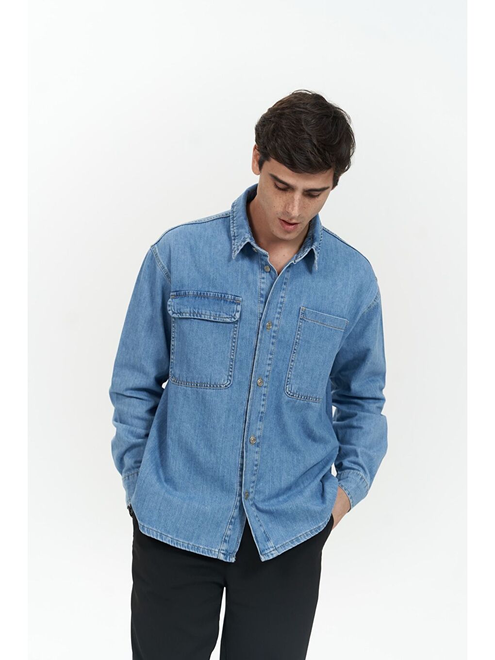 Ethan Mavi Unisex %100 Pamuk Jean Gömlek