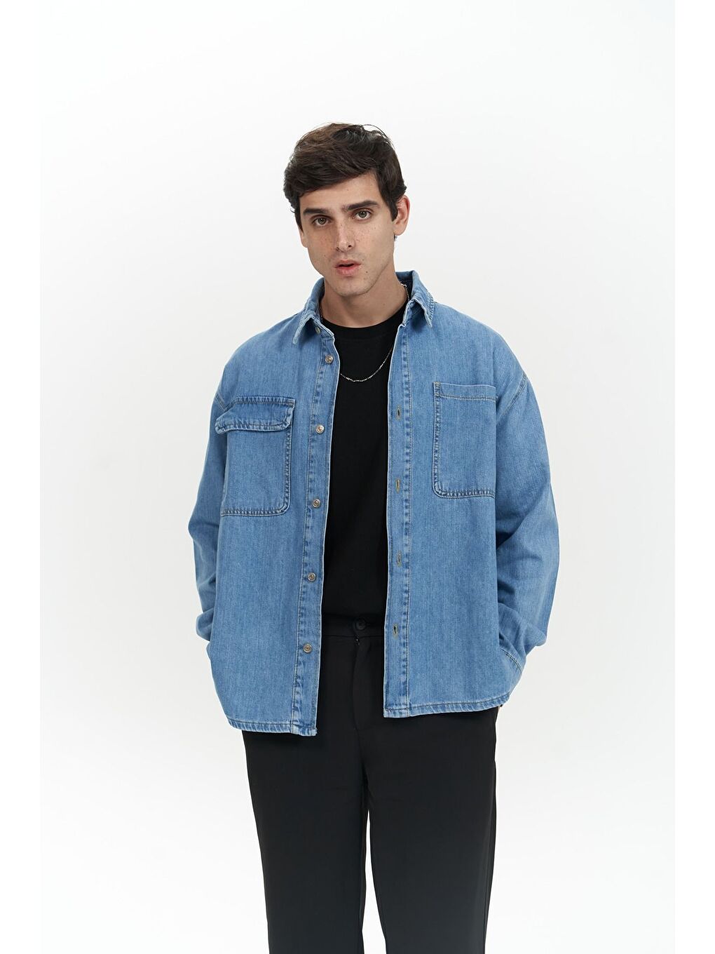 Ethan Mavi Unisex %100 Pamuk Jean Gömlek-1