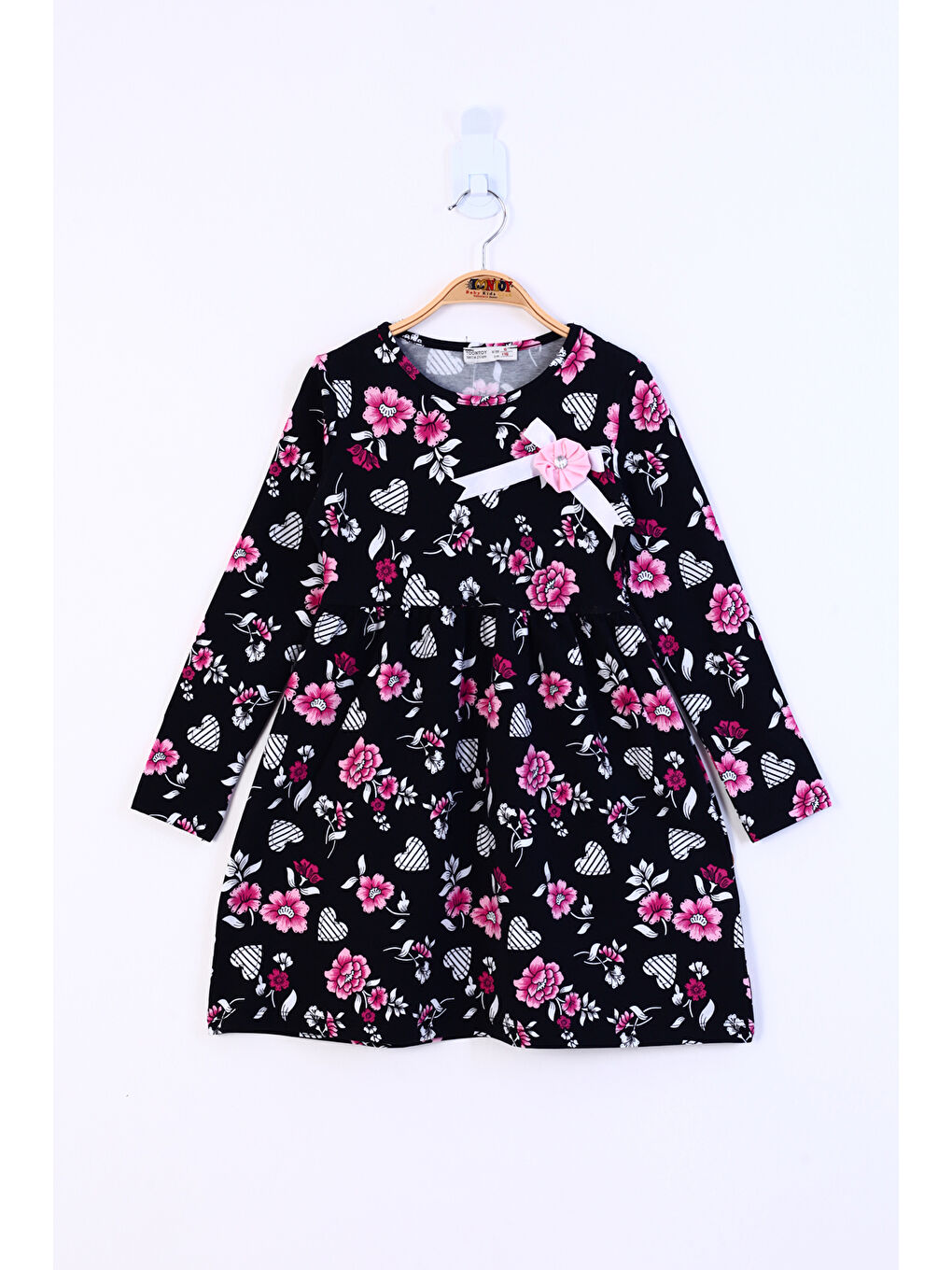 Siyah Kız Çocuk Baskılı Relax Fit Bisiklet Yaka Kısa Kollu Elbise - Kurdale Detaylı &-2