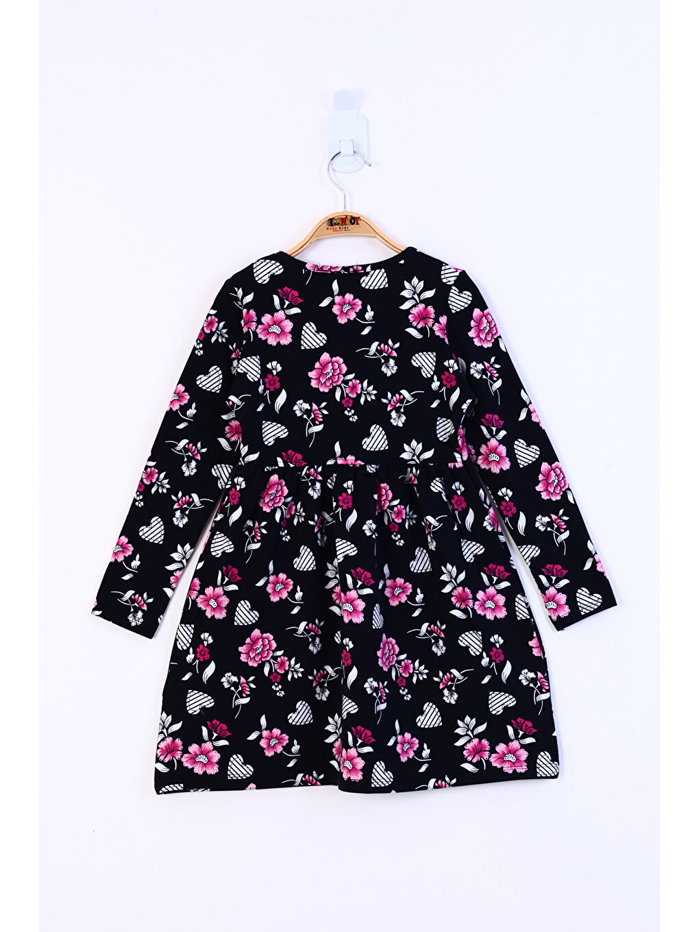 Siyah Kız Çocuk Baskılı Relax Fit Bisiklet Yaka Kısa Kollu Elbise - Kurdale Detaylı &-3