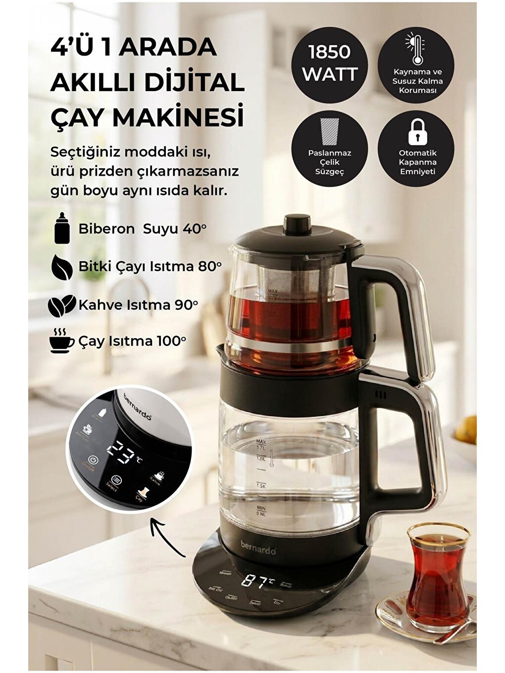 Nova Dijital Çelik Çay Makinesi Siyah