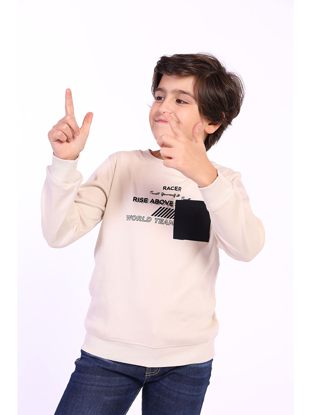 Bej Erkek Çocuk Cep Detaylı Baskılı Sweatshirt-1