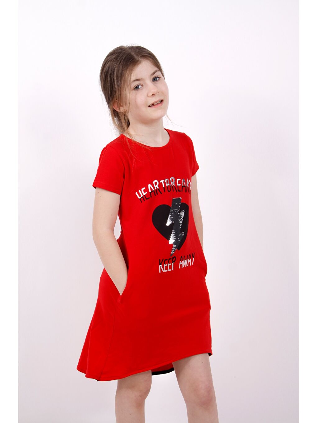 Kırmızı Kız Çocuk Elbise Keep Away Baskı-2
